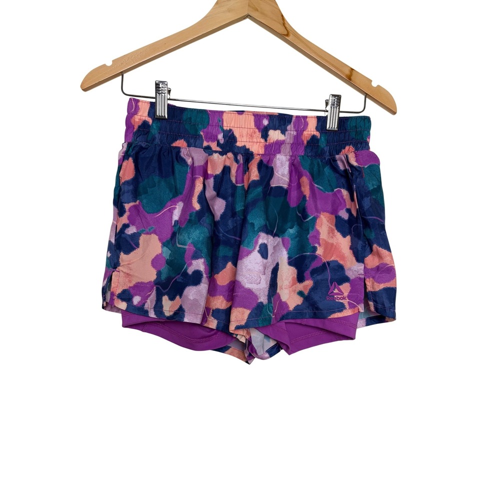 Reebok Womens Relaxed Fit 2-in-1 Running Shorts Purple Teal Camo Print NWT